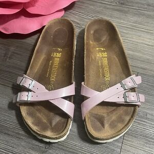 BIRKENSTOCK Almere Slide Sandals Womens Sz 38 US 7-7.5 Narrow Pink Birko-Flo